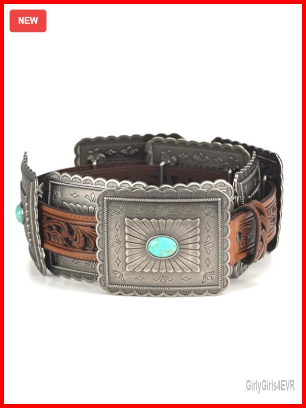 Western Concho Belt With Turquoise Stone Tooled Embossing 1.5 Inch